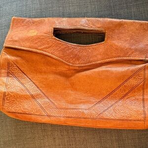 Vintage 70s Brown Leather Clutch Handbag